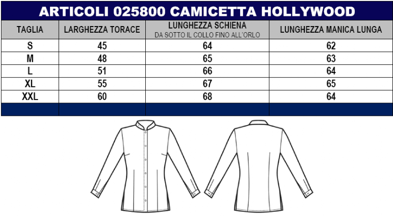 Camicia donna Hollywood - tabella taglie