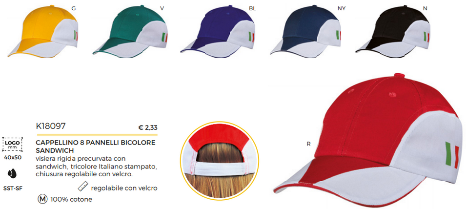 Cappellini con visiera, bordi colorati e scudetto laterale bandiera italiana