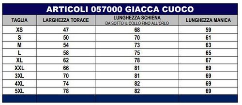 Giacca cuoco cotone, bottoni pallina prezzi economici - tabella taglie