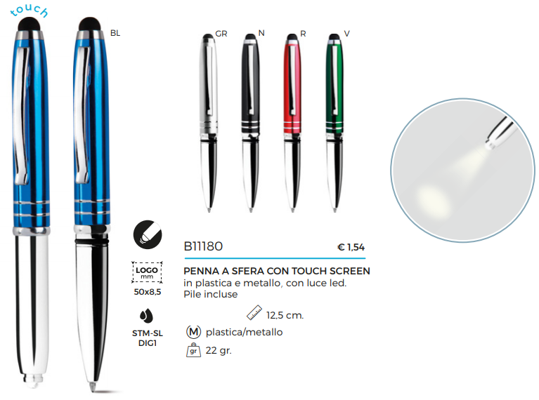 Penna a sfera con touch screen e luce a led