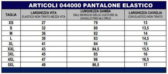 pantaloni cuoco-tabella taglie